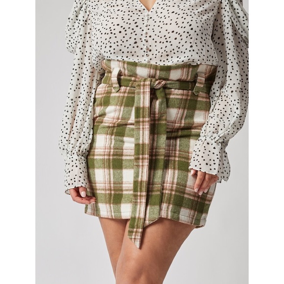NEW Paperbag Waist Plaid Fuzzy Knit Belted Skirt - Picture 2 of 15